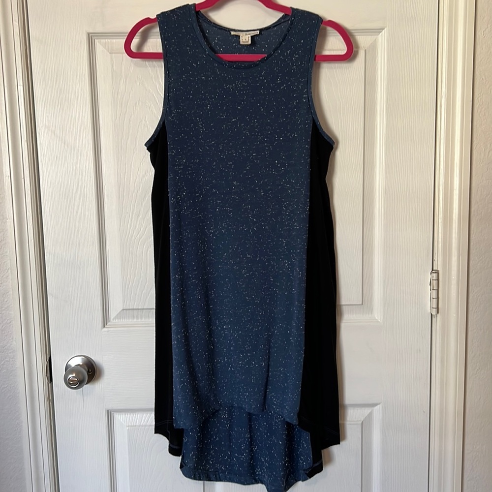 Soft and Comfy Blue Sleeveless Dress with White Speckles and Black Details